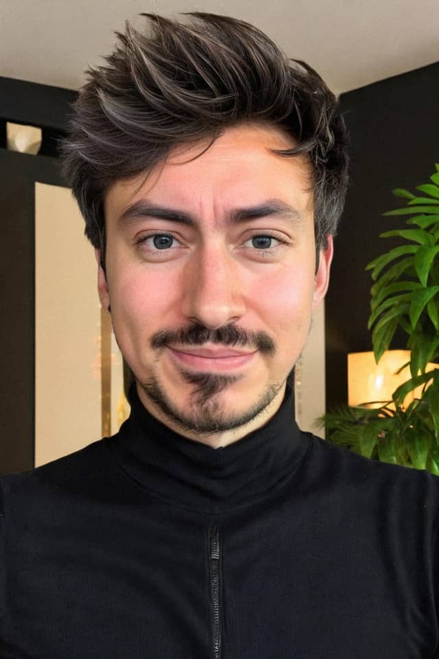 Man in a warm indoor setting, with hair pushed higher than in the input photos