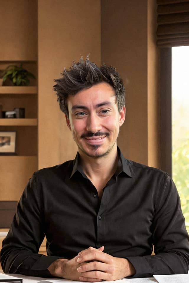 Man seated at a desk, with a large quiff much taller than his own hair