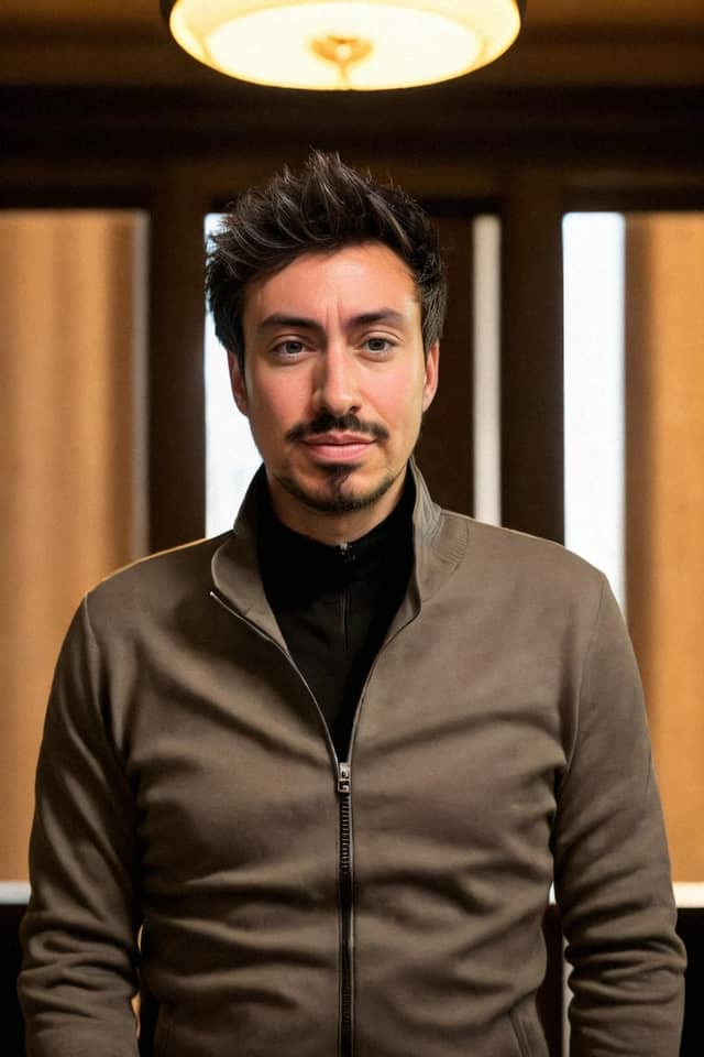 Man in another beige interior, with a recognisable face and raised hair