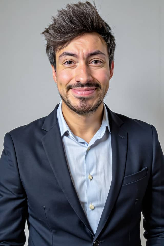 Man in a navy suit on grey, with full cheeks and salt-and-pepper hair intact