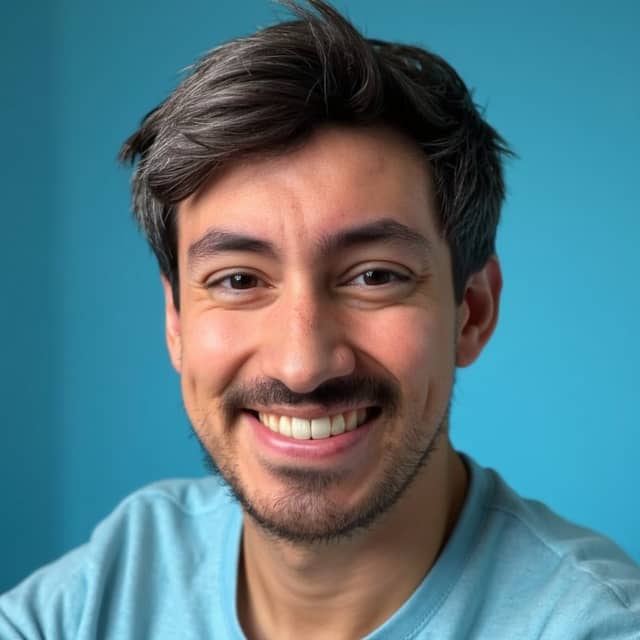 Man smiling in a light blue t-shirt against bright blue, with grey through his hair and full cheeks