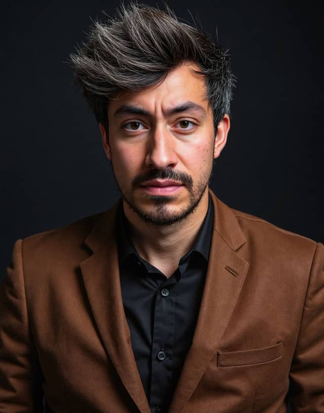 Man in a tan blazer on a dark background, with an oversized wave of hair