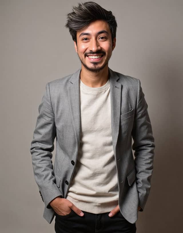 Man standing in a grey blazer and cream sweater, with a real open smile