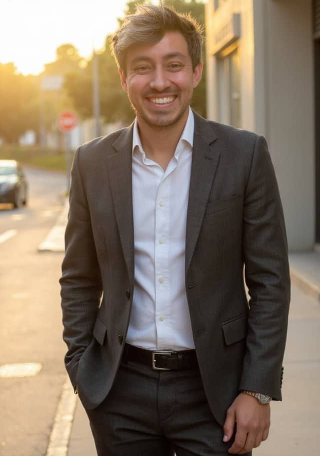 Different man with light brown hair in an olive suit on a sidewalk
