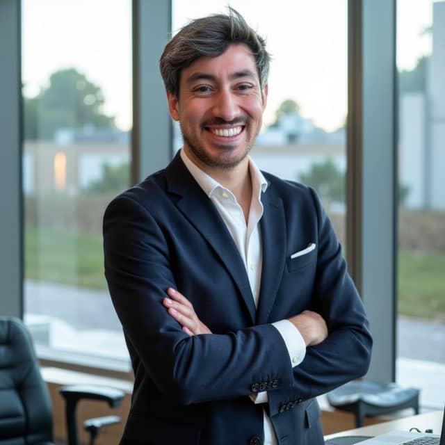 Man in a navy blazer with folded arms, his face slimmer and hair neater than the inputs