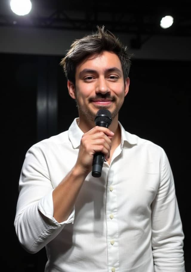 Man holding a microphone on a well-lit stage, with a marginal likeness and small face