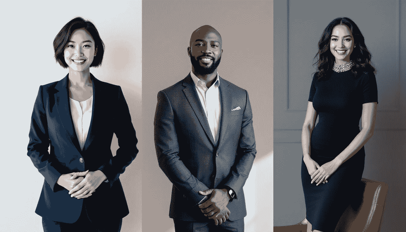 Three professional portraits side by side: a navy suit, a grey suit and a black dress