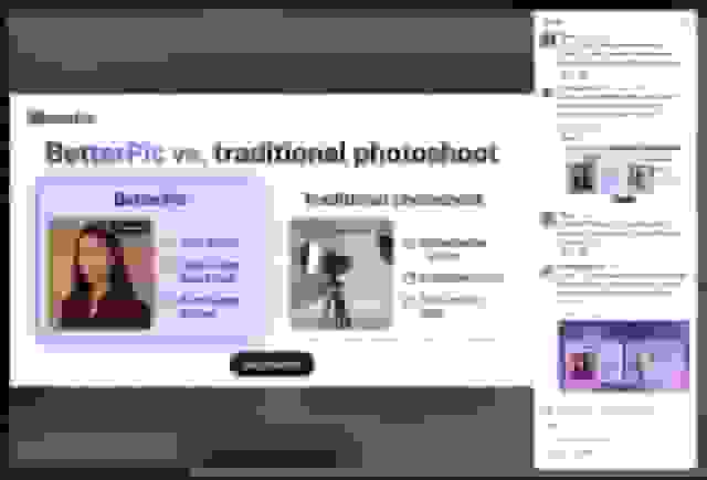 Real team Slack thread where Tibor asks Patricia to create a BetterPic versus traditional photoshoot banner from the BetterPic brand kit, then requests a violet gradient, glitter, and more character before Patricia posts the finished creative