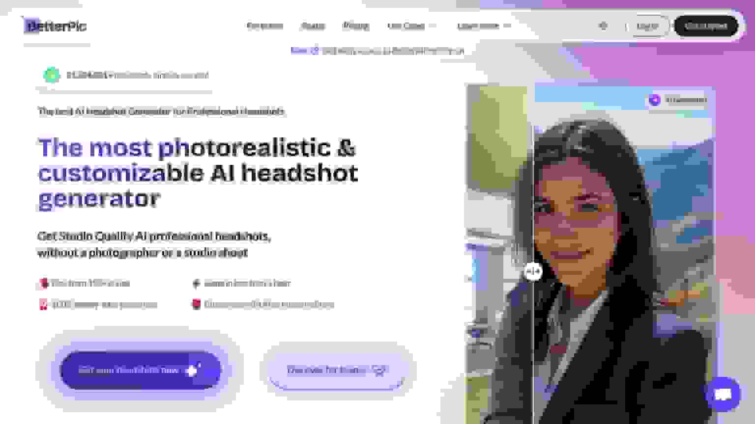 The BetterPic homepage, showing the headshot generator and a before-and-after slider