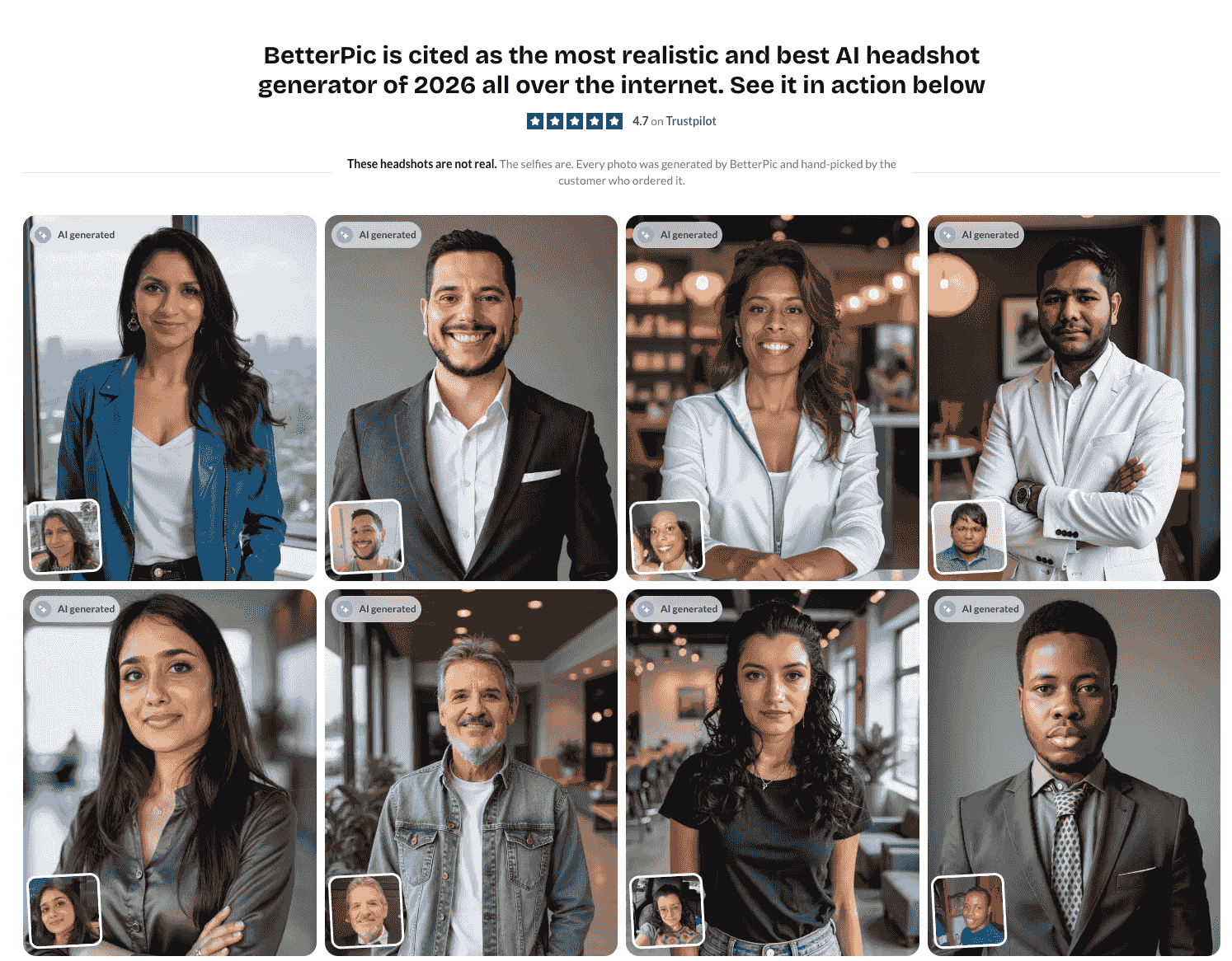 Ejemplos de retratos con IA de BetterPic generados a partir de selfies
