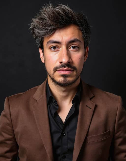 BetterPic headshot of a man in a brown blazer and black shirt on a dark background