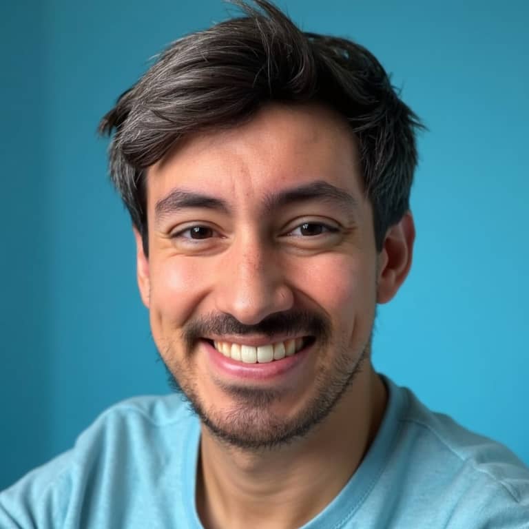 Secta AI result: man smiling in a light blue t-shirt