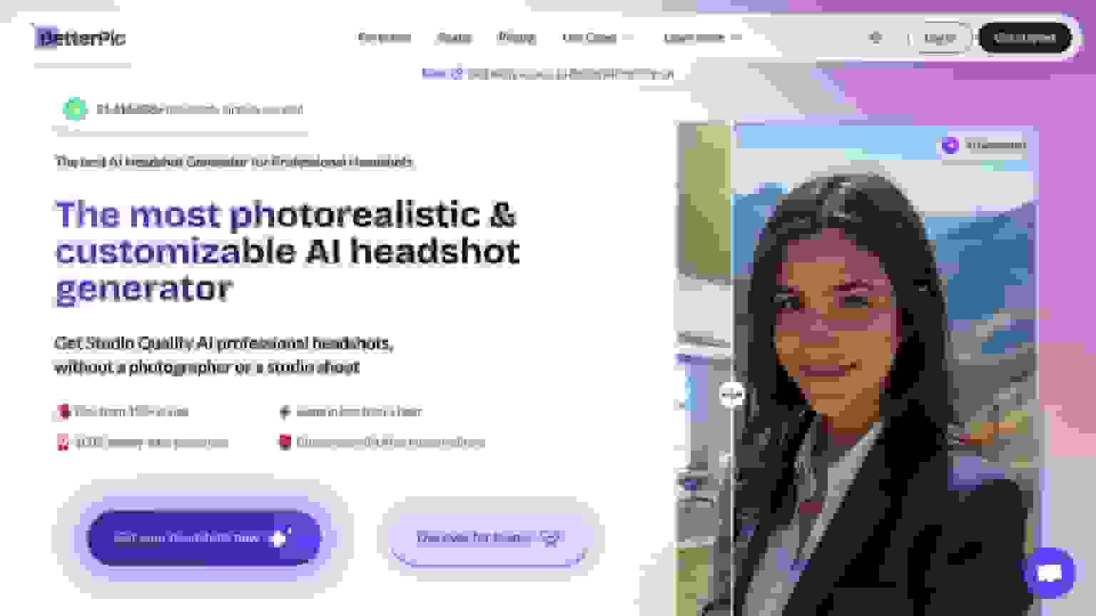 The BetterPic homepage, showing the headshot generator and a before-and-after slider