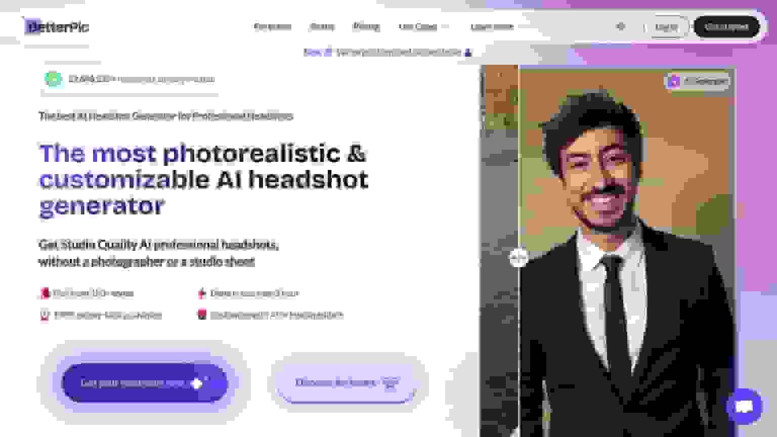 The BetterPic homepage, showing the headshot generator and a before-and-after slider