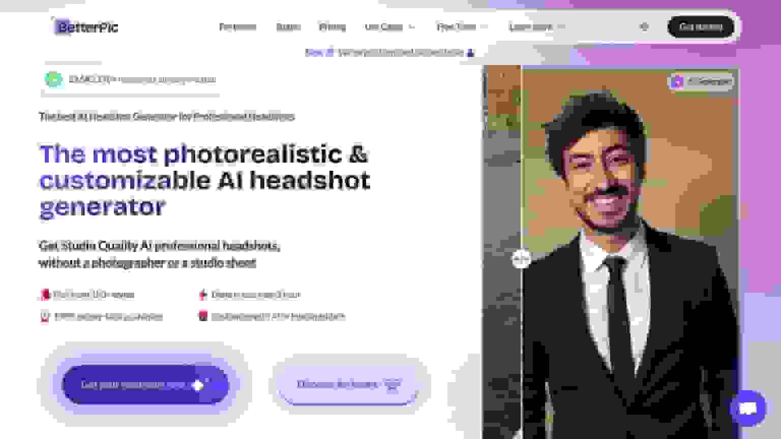 The BetterPic homepage, showing the headshot generator and a before-and-after slider