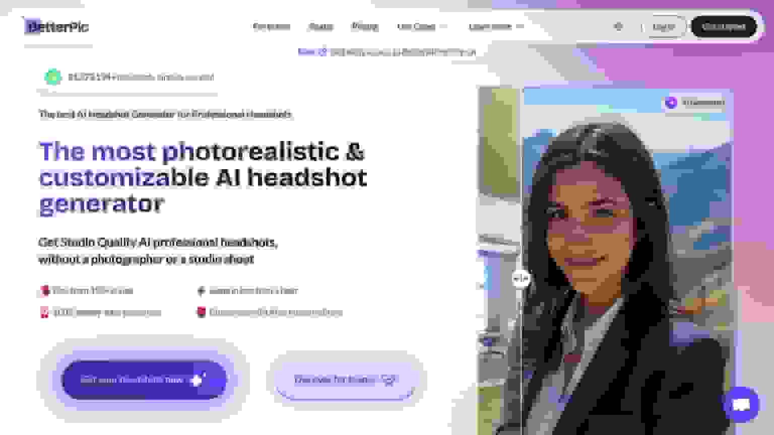 The BetterPic homepage, showing the headshot generator and a before-and-after slider