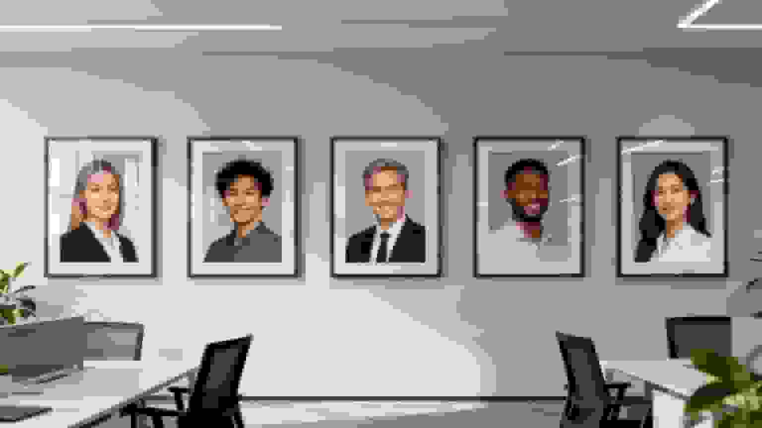 Five framed headshots of diverse professionals displayed on an office wall above empty desks.