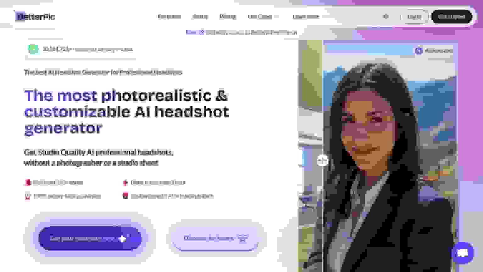 The BetterPic homepage, showing the headshot generator and a before-and-after slider