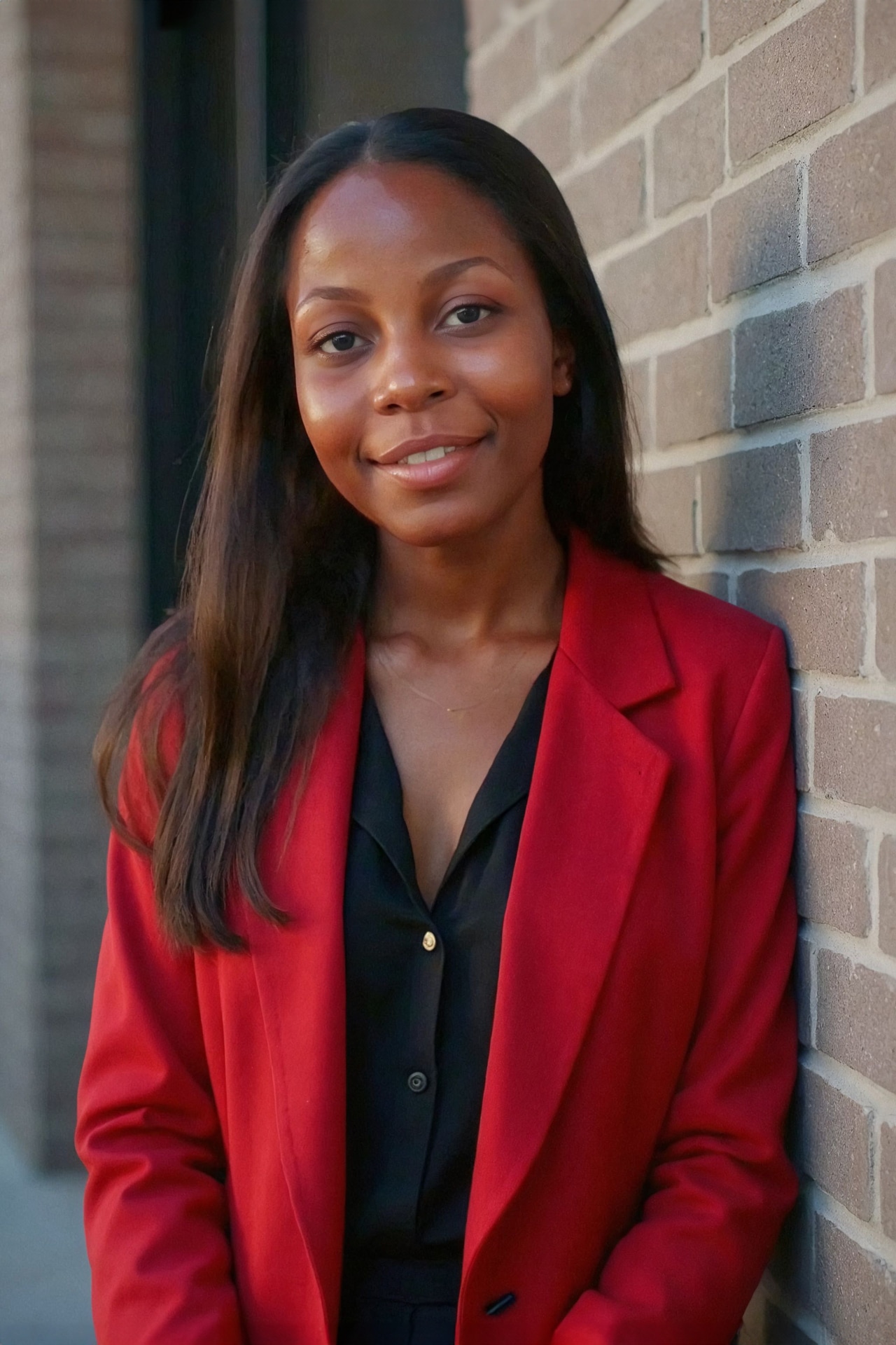 Professional headshot of a woman in a red blazer against a brick wall