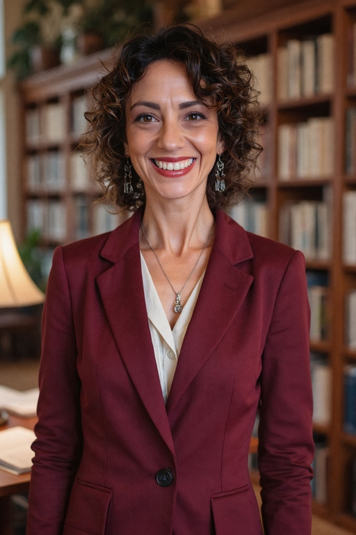 Professional headshot of a woman in a burgundy blazer in front of a bookcase