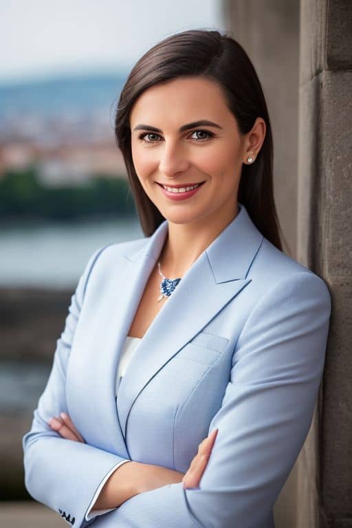 AI headshot of a woman in a powder blue blazer with a river and rooftops blurred behind her