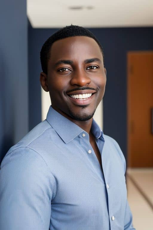 AI headshot of a man in a light blue shirt against a deep navy interior wall