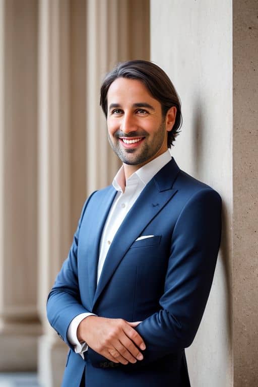 AI headshot of a man in a navy suit with an open-collar white shirt, leaning against a stone column