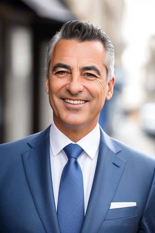 AI headshot of a man in a mid-blue suit with a matching tie and a white pocket square, on a blurred city street