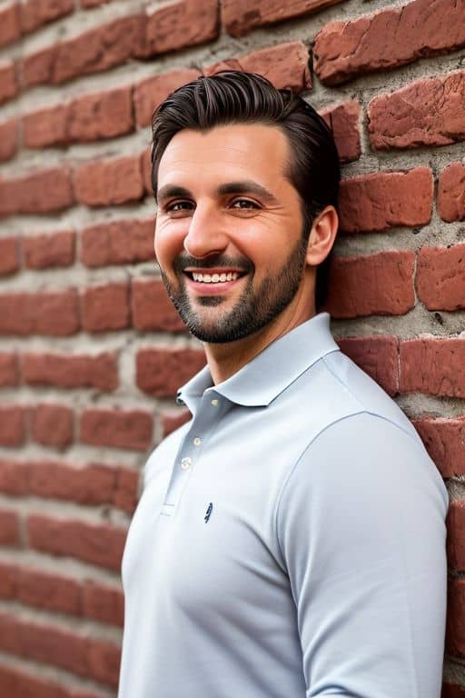 AI headshot of a man in a light grey polo shirt against a red brick wall