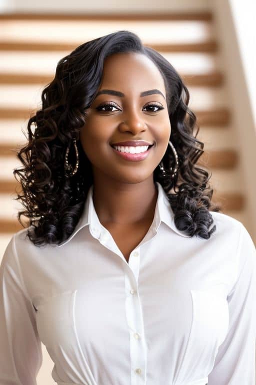 AI headshot of a woman in a white button-down shirt in a bright stairwell