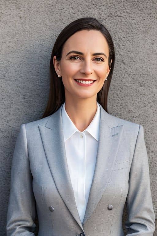 AI headshot of a woman in a light grey double-breasted blazer and white shirt against a textured concrete wall