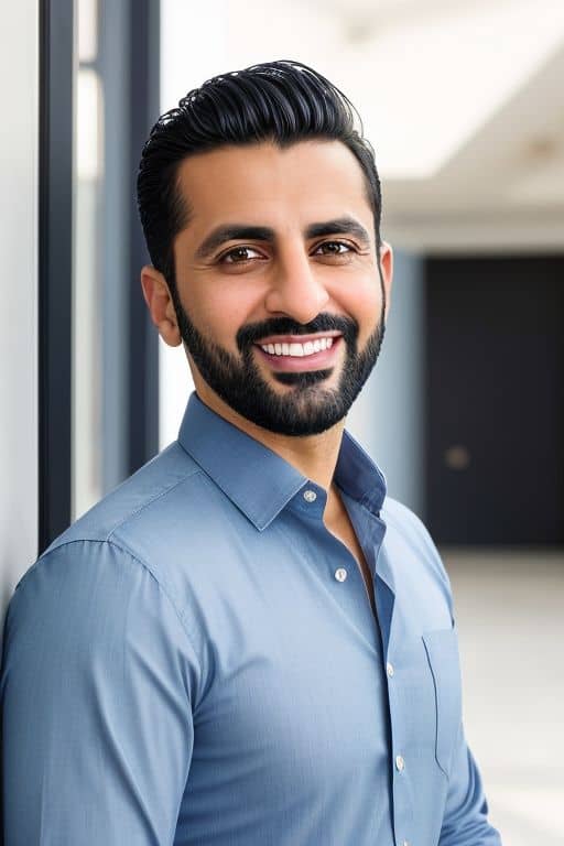 AI headshot of a man in a blue button-down shirt beside a window in a bright modern interior