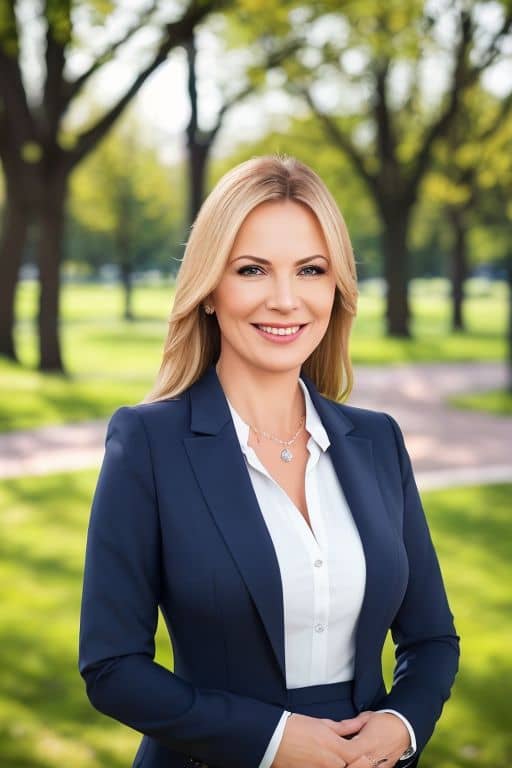 AI headshot of a woman in a navy blazer and white shirt in a sunlit park