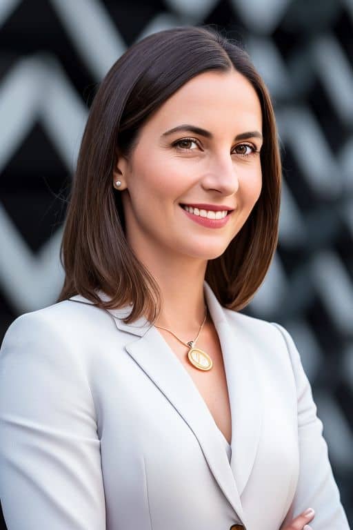 AI headshot of a woman in a white blazer in front of a black and white chevron mural