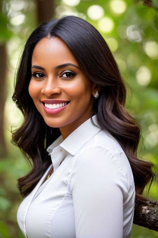 AI headshot of a woman in a white shirt with woodland foliage blurred behind her