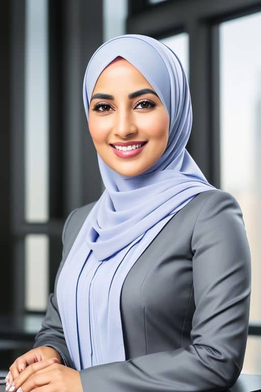 AI headshot of a woman in a light blue hijab and grey blazer in front of a city office window