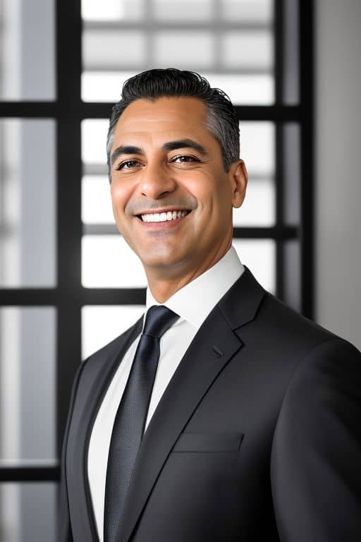AI headshot of a man in a black suit and dark tie beside a black-framed window