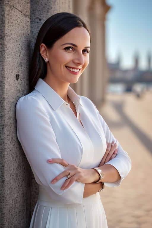 AI headshot of a woman dressed in white leaning against a stone column in warm evening light