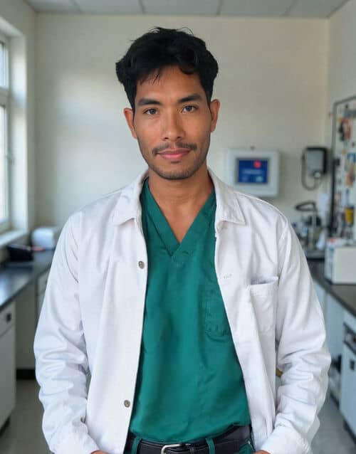 AI headshot of a man in a white lab coat over green scrubs, in a clinical room