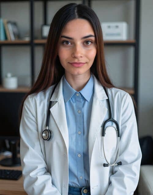 AI headshot of a woman in a white lab coat over a blue shirt with a stethoscope, in a consulting room