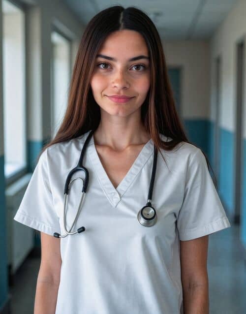 AI headshot of a woman in white scrubs with a stethoscope, in a hospital corridor