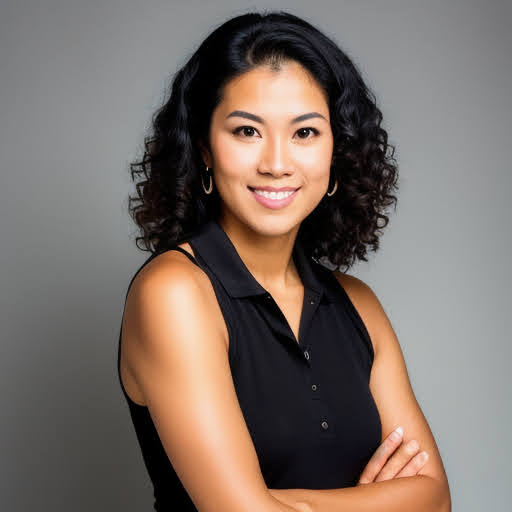 Professional AI-generated business headshot of a woman in a dark sleeveless top against a gray background