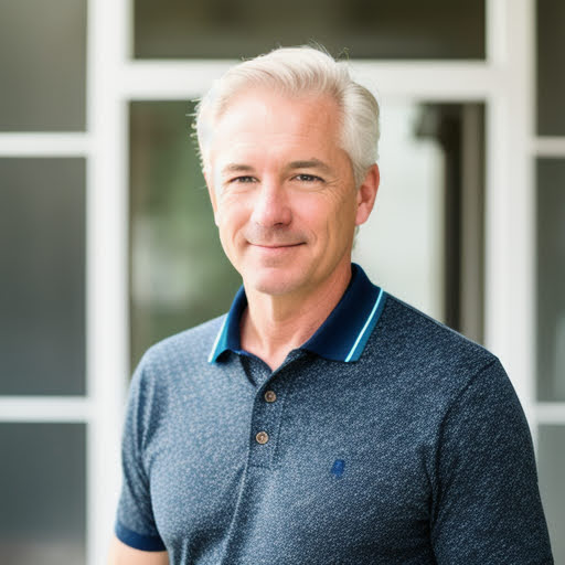 Professional AI-generated headshot of a man in a blue polo shirt with a bright modern background