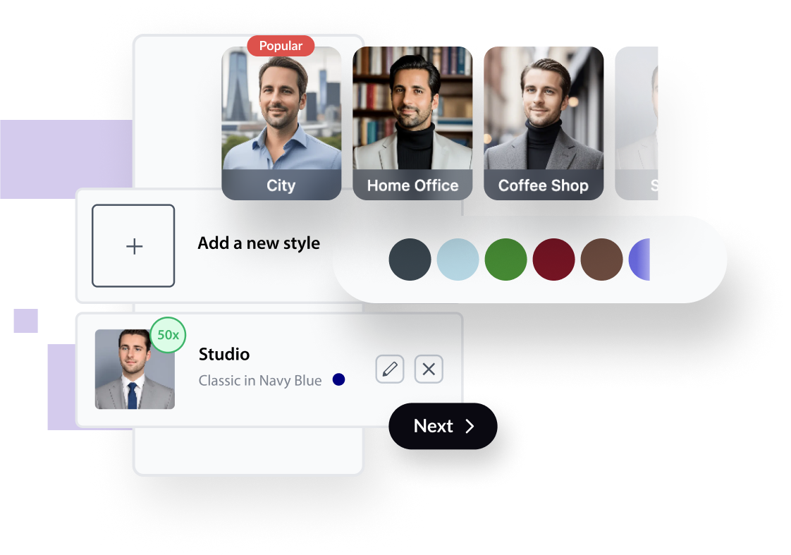 BetterPic style selection screen with outfit and background options